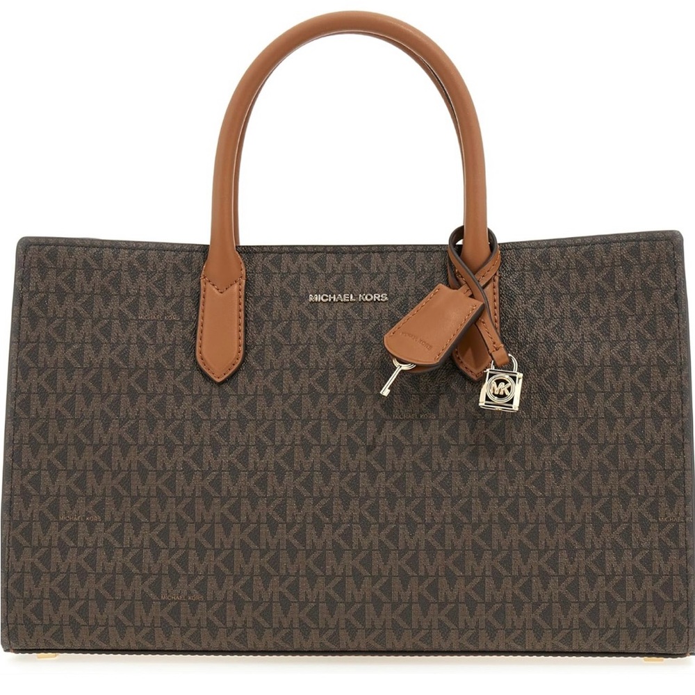 NWT- Michael Kors Brown and Tan Monogram Scarlett Medium Satchel